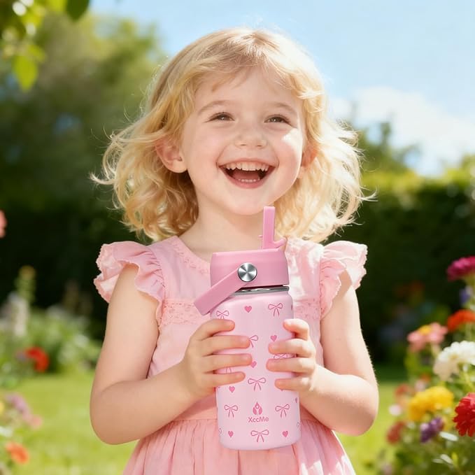 Kids Water Bottle With Straw Lid,Pink Bow 14 oz Stainless Steel Travel Bottle,Double Wall Leak Proof Kids Cup,Insulated Tumbler for Toddlers,Metal Bottle for School Boys Girls