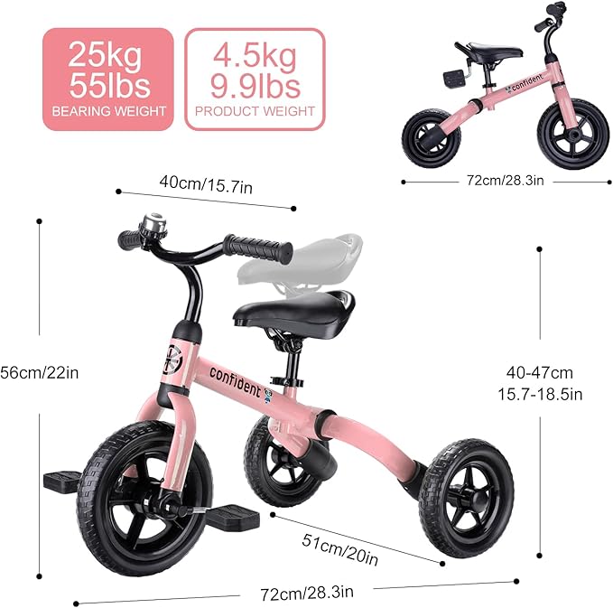 YGJT 3 in 1 Tricycle for Toddlers Age 2-5 Years Old, Folding Kids Balance Bike with Adjustable Seat and Removable Pedal, Toddler Bike Ride-on Toys for Infant, Gifts for Baby Girls Birthday(Pink)