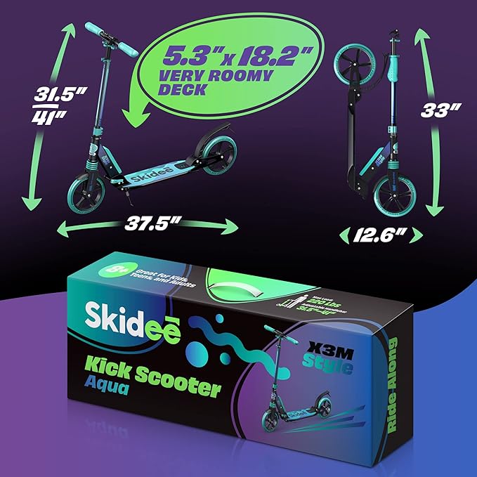Skidee Adult & Teen Scooter Adjustable Height, Folding, Large Wheels, Lightweight, Durable, Anti-Shock Suspension, Up to 220 lbs