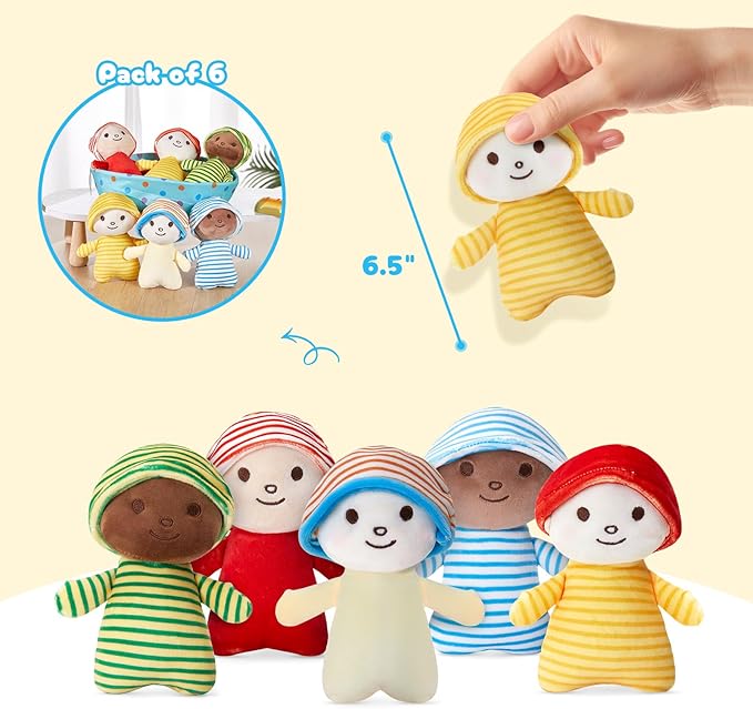 Athoinsu 6.5 Inch Plush Dolls with Basket Set of 6 Soft Dolls with Removable Hats Stuffed Toys for Kids, Toddlers, Boys & Girls