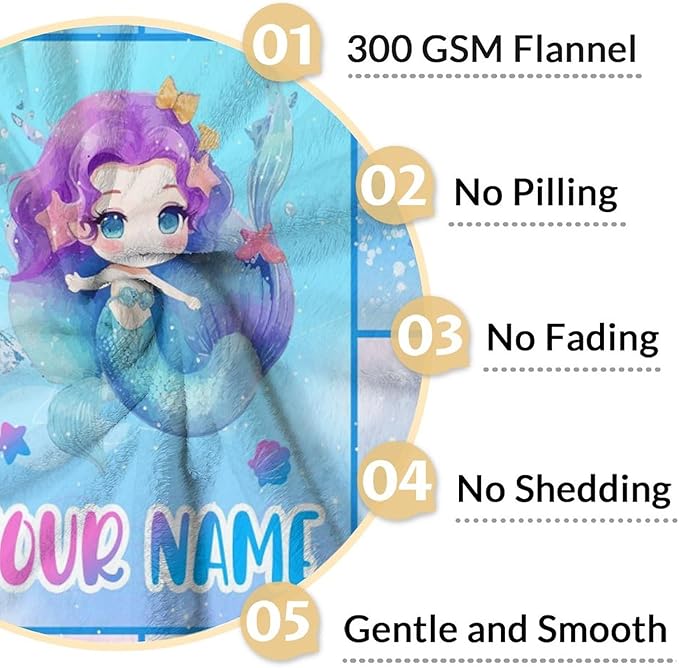 Personalized Mermaid Blanket with Name - Soft, Fuzzy & Warm - 30"x40" Small Blanket for Couch, Office - Blue Cute Throw Gifts for Girls