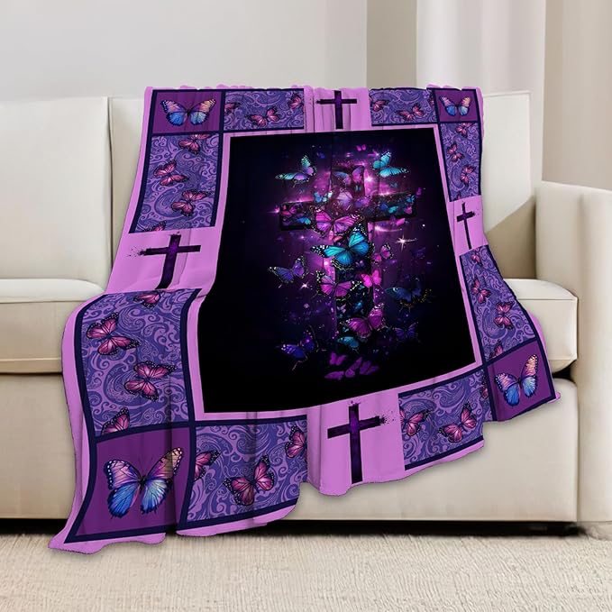 Christian Cross Blanket, Purple Butterfly Throw Blanket, Religious Gifts Blankets Stuff Fleece Flannel Plush for Women Men Boys Girls Lovers Adults Soft Bedding for Sofa Bed Home Decor 60"x50"