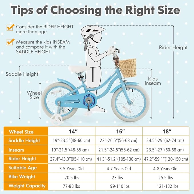 COSTWAY Kids Bike, 14 16 18 Inch Toddler Bike with Training Wheels, Basket, Adjustable Seat & Handlebar, Hand & Coaster Brakes, Bell, for Girl Boy Aged 3-8 Years Old