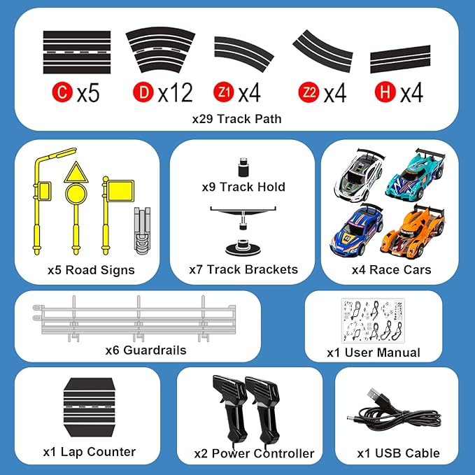Electric Slot Car Race Track Sets - 1:43 Race Car Track Sets with 4 Slot Cars with Headlights, 2 Hand Controllers, Dual Racing Game Lap Counter, Birthday, Toys for Kids