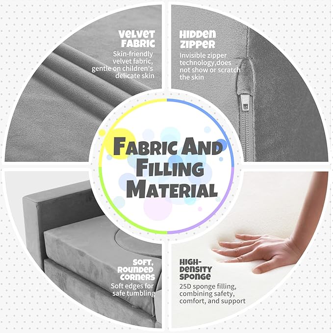 15 Pcs Modular Kids Play Couch, Toddler Couches That Fold Out, Plush Foam Chair for Children’s Playroom, Velvet Fabric Convertible Foam and Floor Cushion for Boys and Girls (Gray,27)