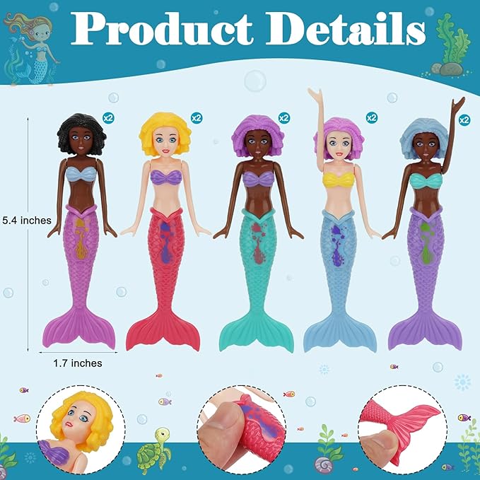 10 Pack Colorful Mermaid Diving Toys Underwater Sinking Pool Toys for Toddlers Kids Girls Ages 3-12, Summer and Spring Fun Bath & Swimming Pool Games, Non-Repeating Styles (Mixedcolor)