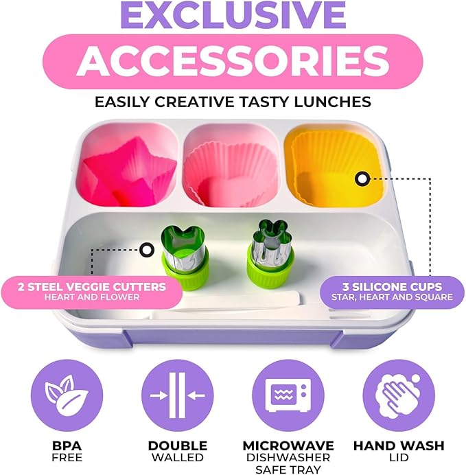 Bento Lunch Box with Insulated Bag, Ice Pack and Bento Accessories for Girls. Snack Containers with 4 Compartment Dividers for Toddlers Pre-School Daycare BPA Free Set, Utensils, Rainbow Unicorn