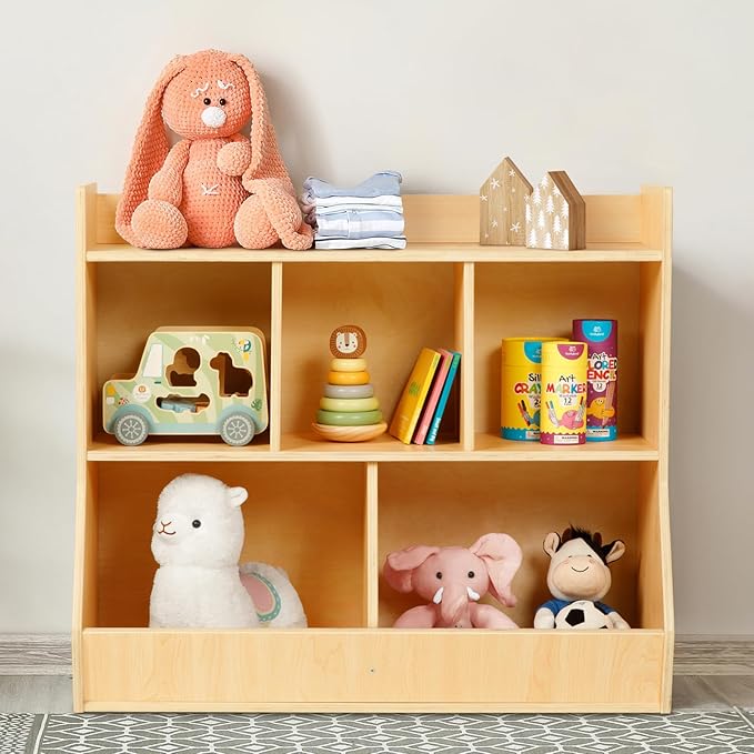 OOOK Montessori Toy Shelf, Toy Storage Shelves, Wooden Storage Cabinet, 5 Cubby Children Bookcase, Kids Bookshelf for Playroom, Nursery, Daycare, Preschool, Classroom Furniture