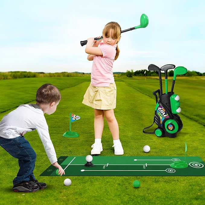 Liberry Toddler Golf Set with Putting Mat for Boys Girls Age 2 3 4 5, Upgraded Kids Golf Cart with Shoulder Strap Design, Outdoor Indoor Sports Toys for Birthday, Black