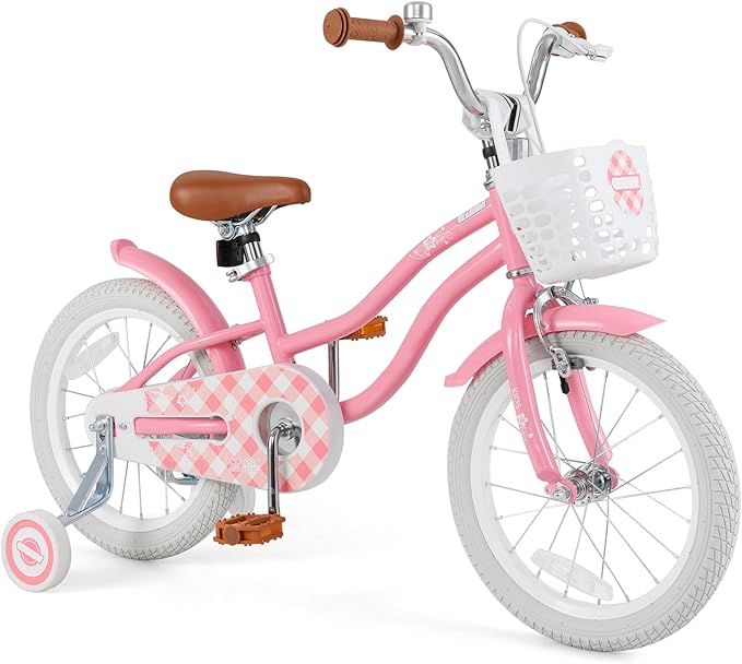 BABY JOY Kids Bike, 12 14 16 18 20 Inch Boys Girls Bike w/Adjustable Seat, Removable Basket, Handbrake & Coaster Brake, Training Wheels or Kickstand, Kids Bicycle with Multi-Color