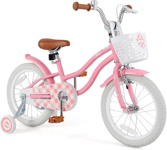 BABY JOY Kids Bike, 12 14 16 18 20 Inch Boys Girls Bike w/Adjustable Seat, Removable Basket, Handbrake & Coaster Brake, Training Wheels or Kickstand, Kids Bicycle with Multi-Color
