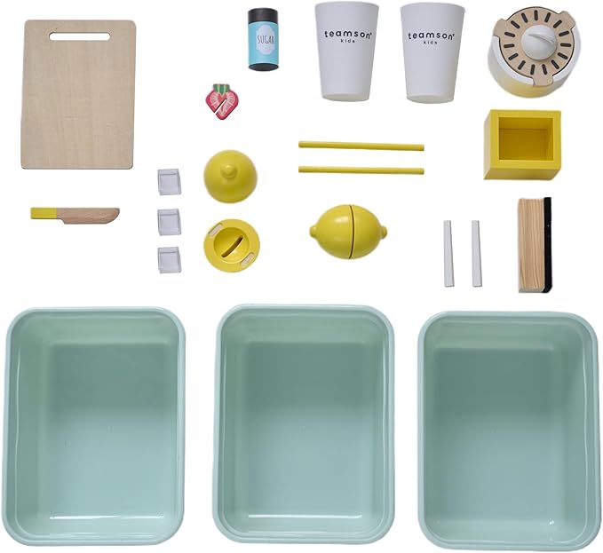 Teamson Kids Wooden Lemonade Stand for Toddlers, Pretend Play Grocery Shop with 18 Accessories, Juice Squeezer, Storage Bins, Yellow White, Age 3+