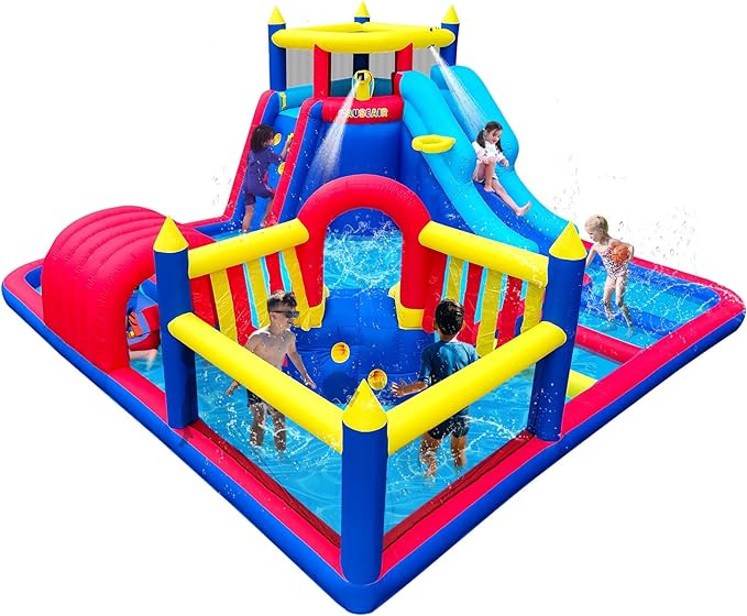 Inflatable Water Slide Park for Party Fun,15x15FT,Big Splash Pool,Long&Short Slides,Fun Crawl Tunnel,Basketball Hoop,GFCI Blower,Bounce Castle for Kids