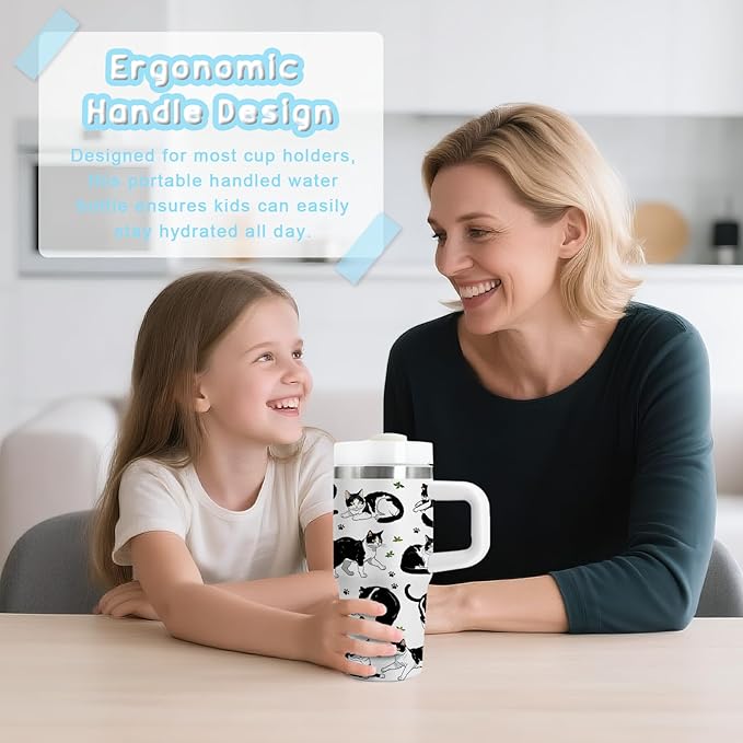 Cat Gifts for Kids - 14oz Cute Cow Cat Tumbler with Handle and Straw, Stainless Steel Insulated Water Cup, Leak Proof, for Sport, School, Travel - Cow Cats Lovers Children Birthday Gifts Cups(1pc)