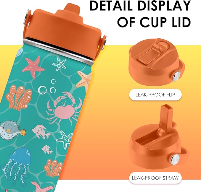 Ocean Gifts for Kids - 16 Oz Green Water Bottle with Straw Lid, Stainless Steel Insulated Tumbler, Leak Proof, BPA-Free, for Girls & Boys, School, Beach - Marine Life Lovers Birthday Gifts (1pc)