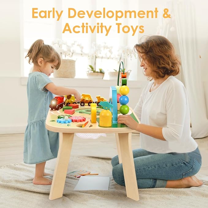 wingyz Activity Table for 1 Year Old Toddler, 9-in-1 Multi-Colorful Wooden Montessori Toys, Baby Play Table with Bead Maze Shape Sorter Train Toy, Educational Gifts for Kids Boys Girls
