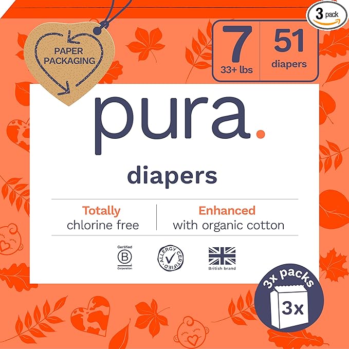 Pura Size 7 Eco-Friendly Diapers (33+lbs) Totally Chlorine Free (TCF) Hypoallergenic, Soft Organic Cotton, Sustainable, up to 12 Hours Leak Protection, Allergy UK, 3 Packs of 17 (51 Diapers)