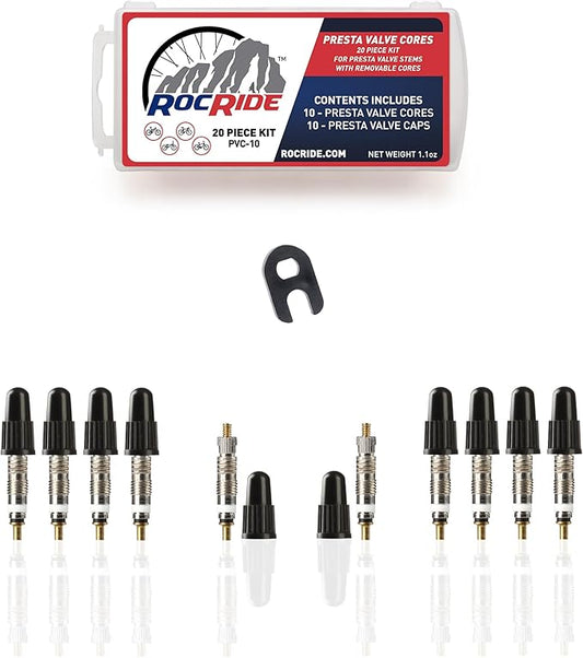 Presta Valve Cores with Removal Tool and 10 Cores and 10 Caps for Tubeless Tires. Mountain, Road Bike and BMX Compatible. Silver 10 Pack.