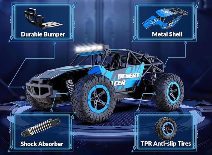 RACENT Remote Control Cars for Boys - 1:16 Scale 20kph Fast RC Truck All Terrain Off-Road Monster Truck Toy for Kids & Adults with 2 Rechargeable Batteries (Blue)