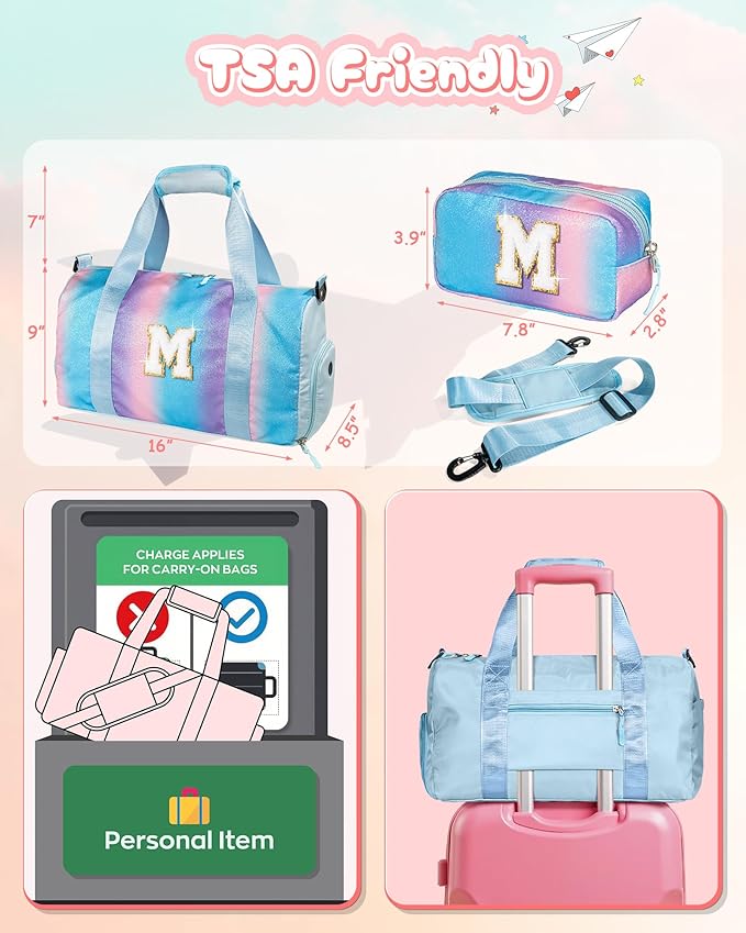 Dorm Room Essentials for Girls-Girl Gym Bag with Shoe Compartment, Kid Personalized Weekender Overnight Bags, Initial Travel Tote with Makeup Pouch, Preppy Stuff Gifts for Kids (Letter F)