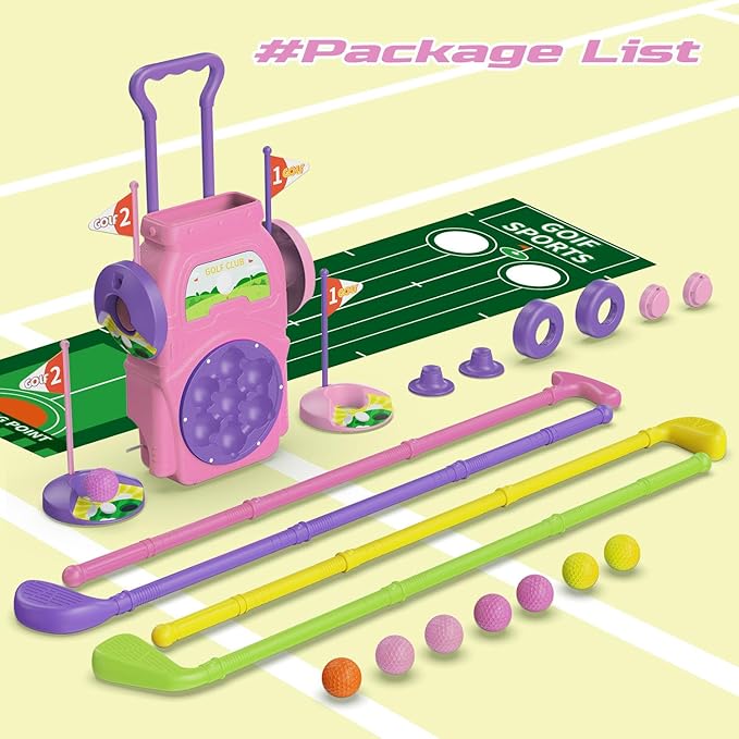 Kids Golf Toy Set for Toddlers Ages 3-5 – Preschool Sports Toys with Golf Cart, Putting Mat, 4 Clubs, 7 Balls & 2 Holes – Indoor Outdoor Learning Gift for Boys & Girls