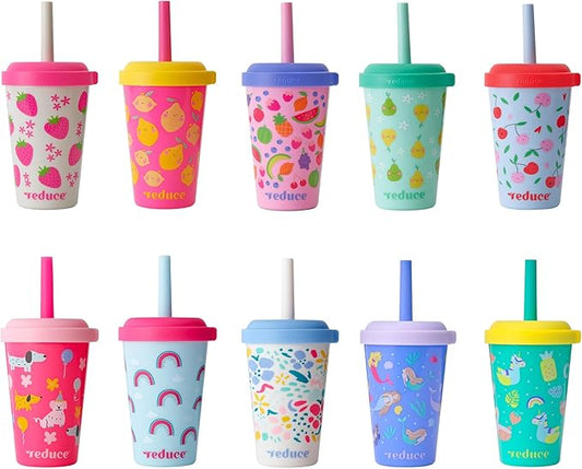 REDUCE GoGo's Kids Portable Tumbler Cups with Lids and Spill-Proof Straws - 10 Pack of Stackable 12 oz Tumblers with Twist-On Lids - Easy Storage, Dishwasher Safe - Play Date