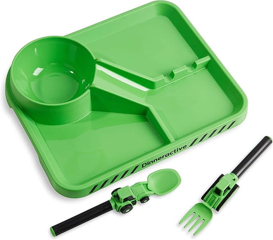 Dinneractive Dining Set For Kids - 3 PC Construction Themed Dinnerware - Tractor Utensils - Toddler Plates - Baby Dishes