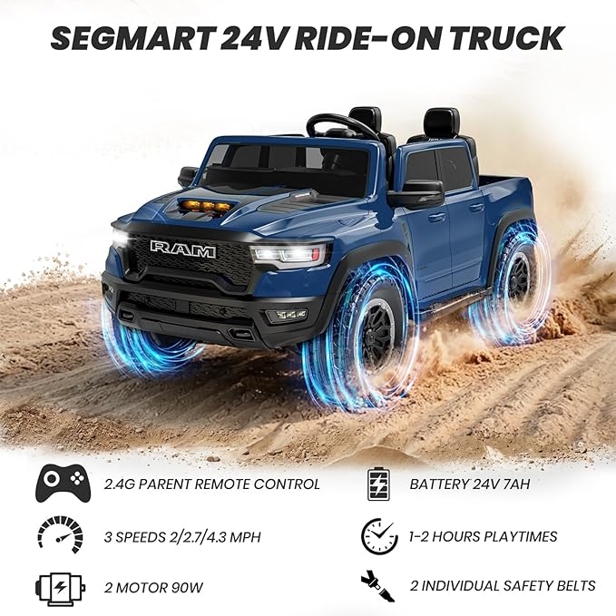 2 Seater Electric Car Licensed RAM 1500 RHO, 24V Kids Ride On Truck w/Remote Control, Toddler Ride on Car Toys w/LED Lights, Bluetooth, Music, Truck Bed Storage, Soft Start (Blue)