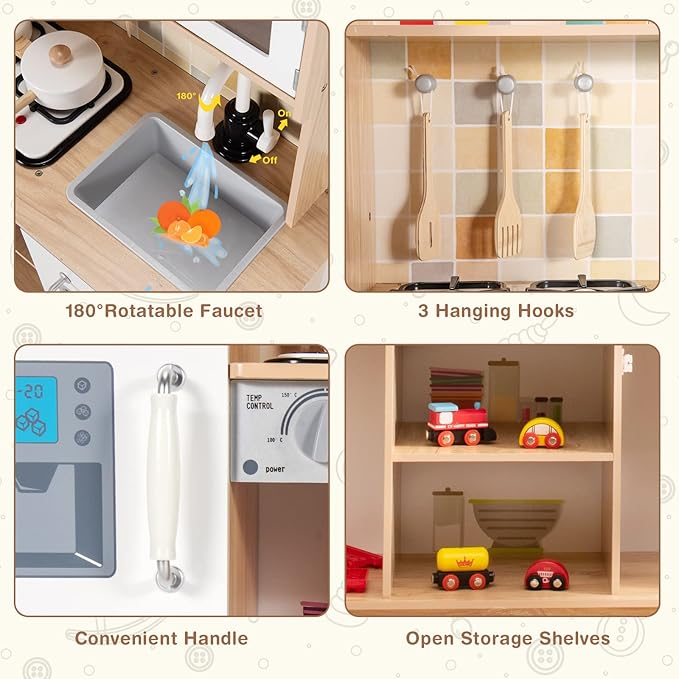 HONEY JOY Kids Kitchen Playset, Wooden Pretend Play Kitchen for Toddlers, Microwave, Faucet, Stove w/Lights, Blackboard, Storage Cabinet, Little Chef Toy Kitchen Set, Gift for Boys Girls 3+, Natural