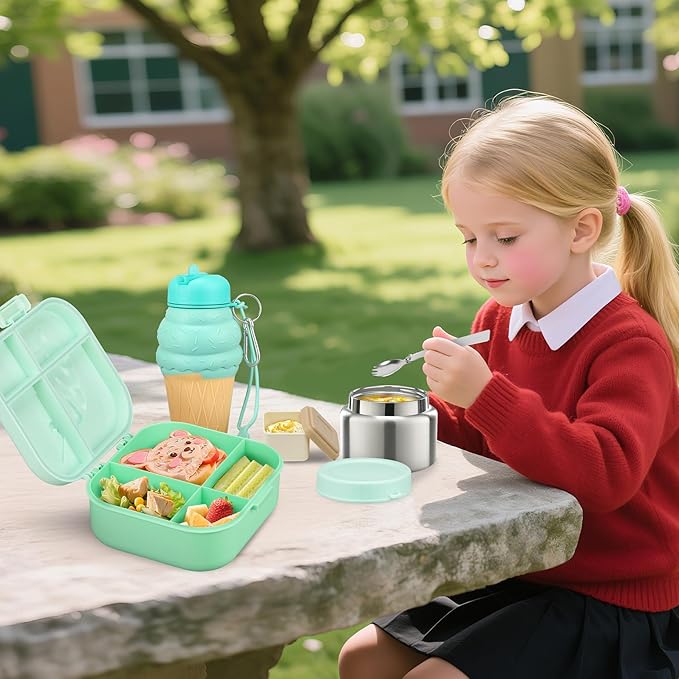 Kids Lunch Box Set -12oz Insulated Food Jar, Thermal Bag,Leakproof Lunch Food Containers Cutlery (BPA Free)-Gift for Girls/Boys Age 3-10(Green-Gradient)