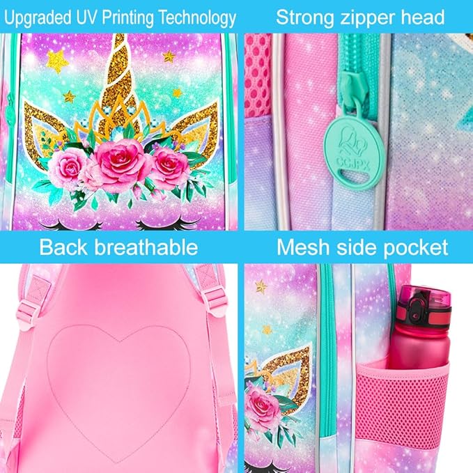 CCJPX 3PCS Unicorn Backpack for Girls, 16”Kids Bookbag with Lunch Box, Cute Water Resistant Elementary School Bag for Kindergarten Preschool Toddler
