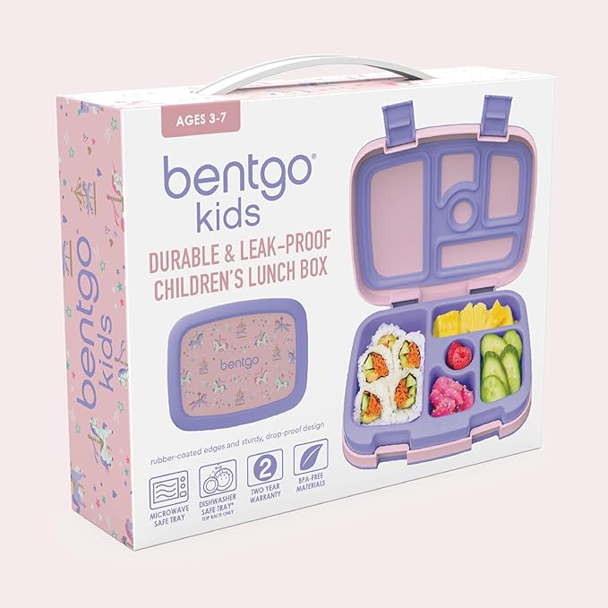 Bentgo Kids Prints Leak-Proof, 5-Compartment Bento-Style Kids Lunch Box - Ideal Portion Sizes for Ages 3-7, Durable, Drop-Proof, Dishwasher Safe, & PFAS & BPA-Free Materials (Carousel Unicorns)