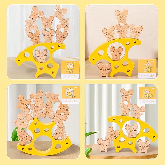 Wooden Cheese Mice Stacking Blocks Balancing Game for Kids of All Ages, Enhances Creativity Hand Eye Coordination Patience and Focus, Includes Storage Bag for Fun Family Play and Gifts