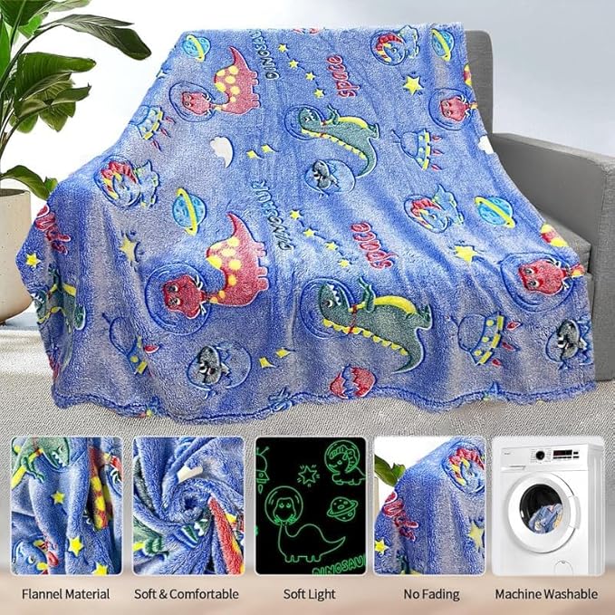 PersoblastIC Dinosaur Blanket for Kids, Glow in The Dark, Soft Fleece, Toddler & Baby Size (60"x80")