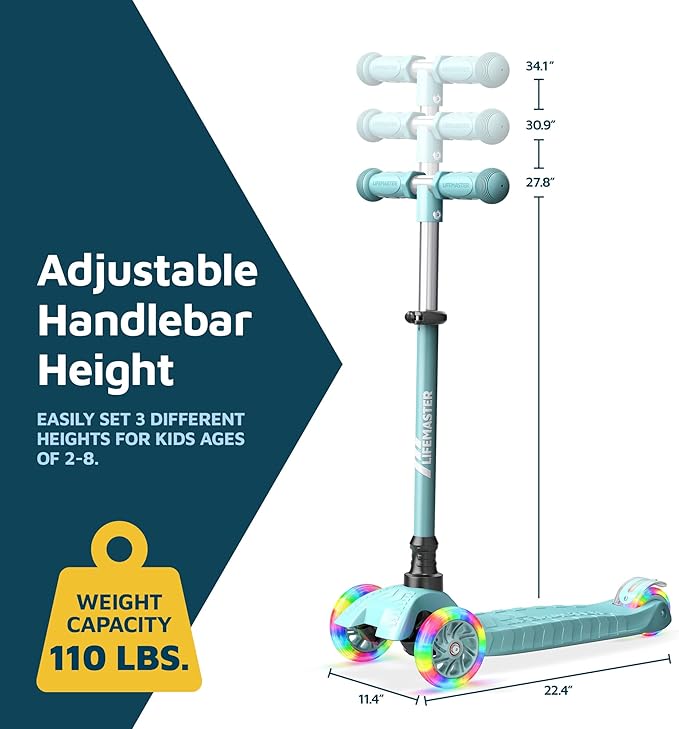Lifemaster Mini 3-Wheel Kids Scooter with Multi-Color Wheel Lights – 4-Height Adjustable Handlebar, Wide Anti-Slip Deck, Child Safety Certified, Boys & Girls Ages 2+ Supports Up to 110 lbs