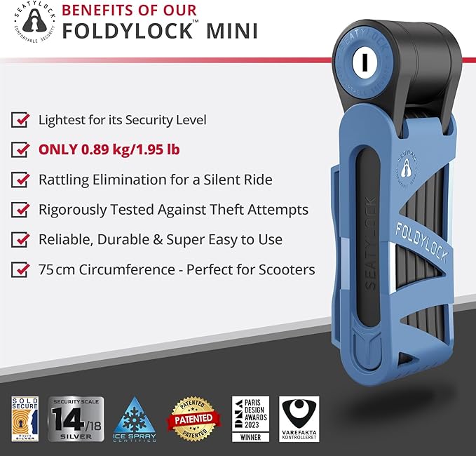 Seatylock FoldyLock Mini Folding Bike Lock - Patented Lightweight Bicycle Lock - Heavy Duty Anti Theft Guard with Key for Electric Scooter & City Bikes