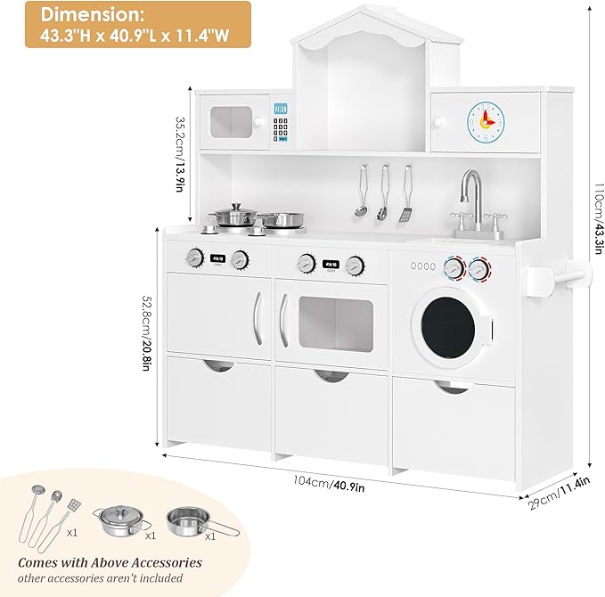 Keyluv Wooden Play Kitchen for Kids and Toddler, Montessori Toy Kitchen Playset with Plenty of Pretend Play Features and Storage Drawers, Gift for Boys and Girls, White