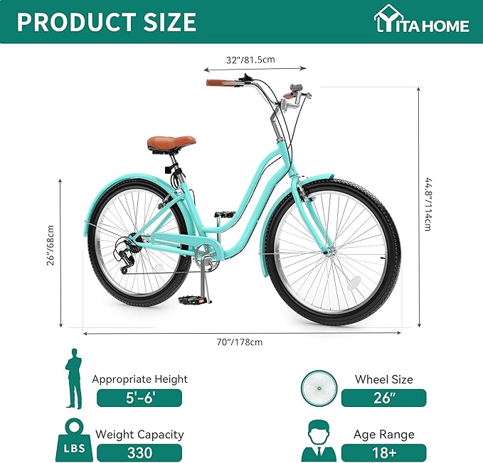 YITAHOME 24 & 26 Inch Beach Cruiser Bike, 7 Speed & Single Speed Commute Bike, Step-Through Bicycle for Adult Women & Men, Steel Frame Cruiser Bike with Full Front & Rear Fenders