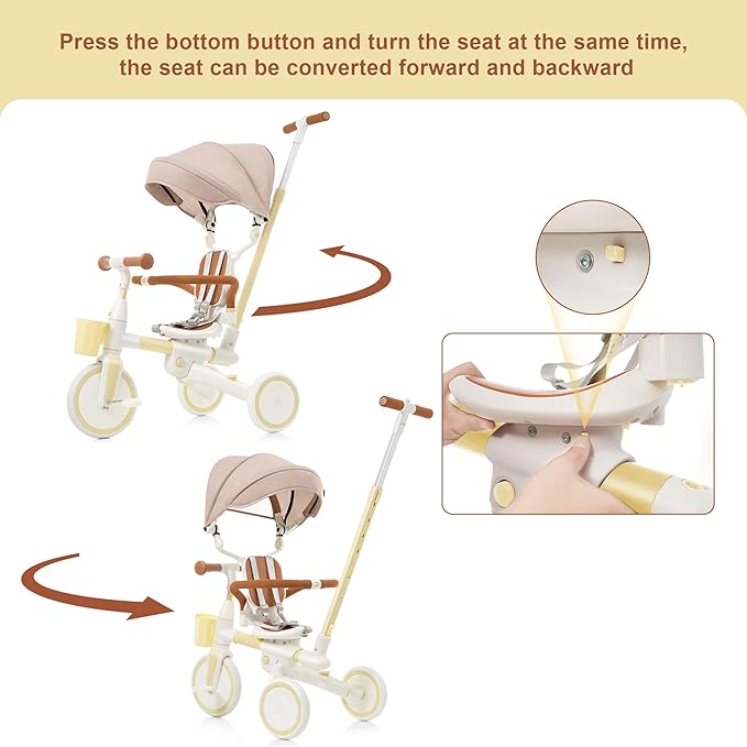 Foldable Kids Tricycle with Adjustable Pedals, Removable Canopy Cup Holder Safe, Portable Toddler Bike Age 18-72 Months