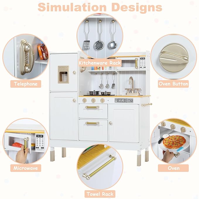 Play Kitchen for Kids, Wooden Kids Kitchen Playset with Realistic Sounds, Children Pretend Toy Kitchen Playset w/Stove, Oven & Ice Maker, Little Chef Play Kitchen for Girls and Boys, White