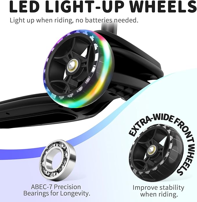 BELEEV A8 Scooter for Kids Ages 3-12, 3 Wheel Folding Scooter for Toddlers Girls Boys, LED Light-Up Wheels, 4 Adjustable Height, Lean to Steer, Extra Wide Wheels, Three Wheel Kick Scooter for Children