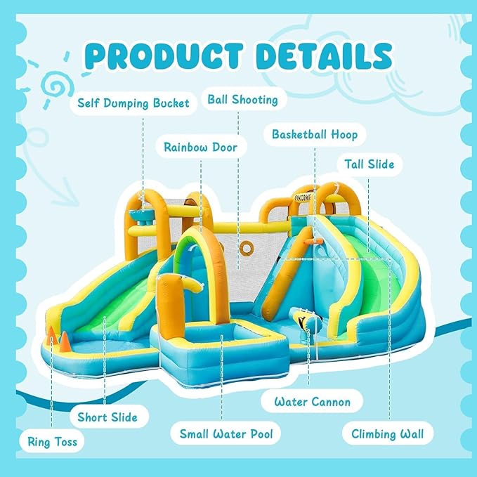 Inflatable Water Slide, Bounce House with 2 Slide for Kids, Inflatable Waterslide Park with Splash Pool, Basketball Hoop, Ball Shooting & Water Cannon for Backyard, Outdoor, Indoor
