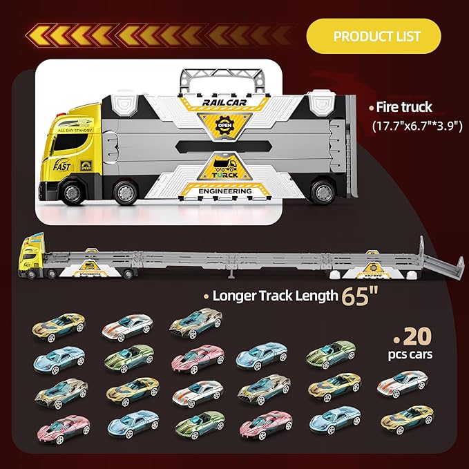 65-Inch Race Car Tracks and 20 Car Toys for Kids Boys Toddlers, Boy Toddler Toys Trucks for 3 4 5 6 7 8 Years Old Kids with Lights Sounds, Truck Toys Gift for 3 4 5 6 7 8 Years Old Boys Girls