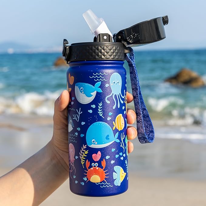 GOPPUS Kids Water Bottle (Straw Lid) - 18 Oz Stainless Steel Travel Bottle, Double Wall Vacuum Leak Proof Kids Cup for School Boys Girls,Under the Sea