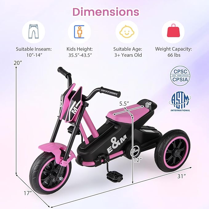 BABY JOY Kids Tricycle, 3-Wheel Toddler Bike with Foot Pedals, Forward/Backward, Toddler Tricycle Ride on Trike with Steering Handlebars, Toy Gift for Boys Girls Aged 3+ (Pink)