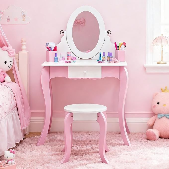 Kids Vanity Set Wooden Princess Play Makeup Table with Stool, Rotating Mirror & Anti-Slip Feet - Toddler Girls Dress Up Dressing Furniture Gift (Pink)