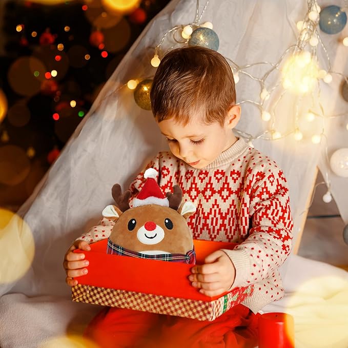 Christmas Plush Reindeer, Stuffed Animal with Christmas Hat, Stuffy Reindeer for Kids