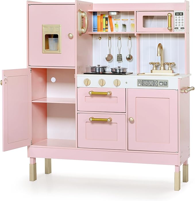 Kinder King Wooden Kids Play Kitchen, Kitchen Playset for Toddler Kid, Play Kitchen Toy Set w/Real Sounds, Pretend Microwave Oven, Ice Maker, Telephone, Gift for Boys Girls Age 3+, Pink