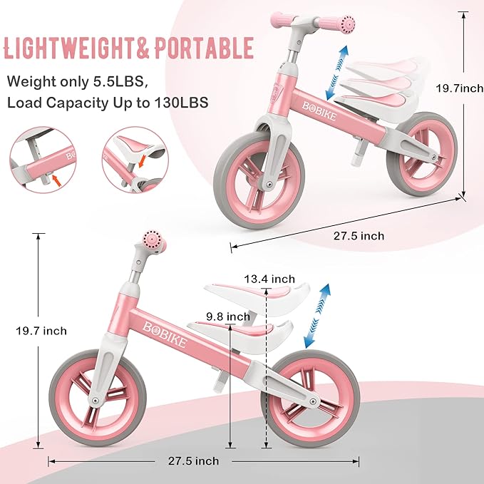Bobike Toddler Balance Bike Toys for 1 to 4 Year Old Girls Boys Adjustable Seat and Handlebar No-Pedal Training Bike Best Gifts for Kids