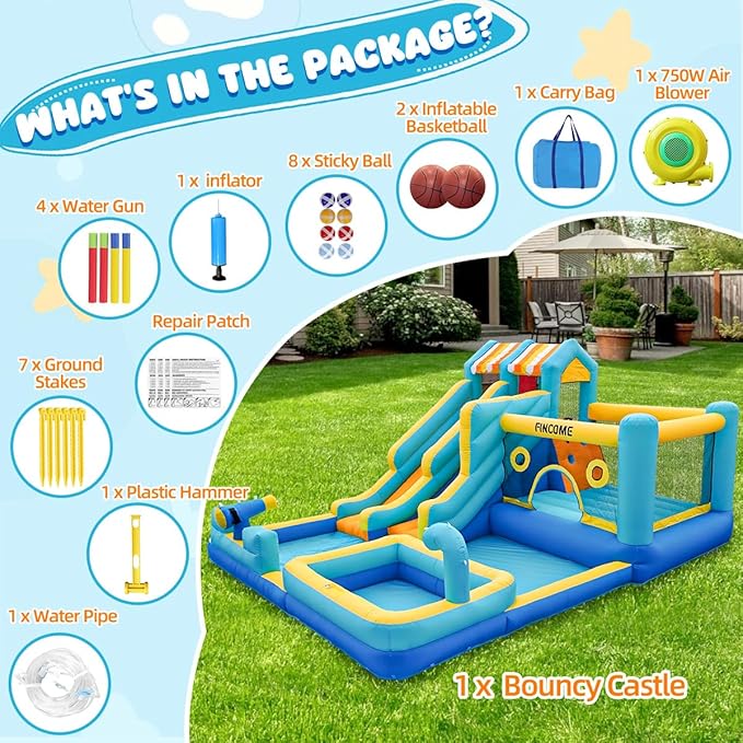 Inflatable Bounce House, 10 in 1 Double Water Slide Bounce House with 750W Blower, Climbing Wall, Jumping, Water Gun, Splash Pool, Basketball Hoop for Kids Indoor Outdoor Backyard